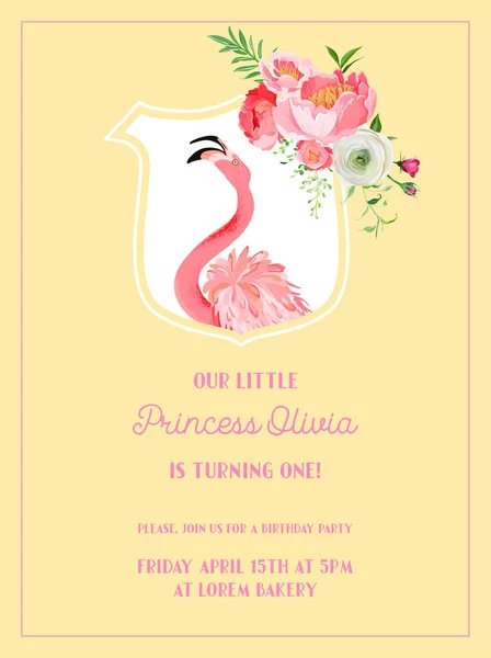 Uitnodiging baby verjaardagskaart met illustratie van prachtige Flamingo en bloemen, aankomst aankondiging, groeten in vector — Stockvector