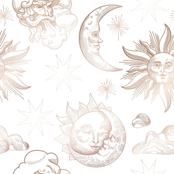 Винтажный образец солнца и луны. Фон в восточном стиле со звездами и небесными астрологическими символами, обои, украшения. Векторная иллюстрация — стоковый вектор