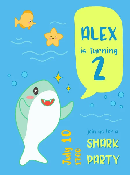 Baby douche verjaardag uitnodiging kaart Kawaii stijl met schattige haai en zeedieren. Kinderen Banner, Flyer achtergrond met grappige haaien. Vectorillustratie — Stockvector