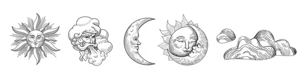 Coleção Vintage Sun and Moon. Design de estilo oriental com estrelas e símbolos astrológicos celestes para tecido, papel de parede, decoração. Ilustração vetorial —  Vetores de Stock