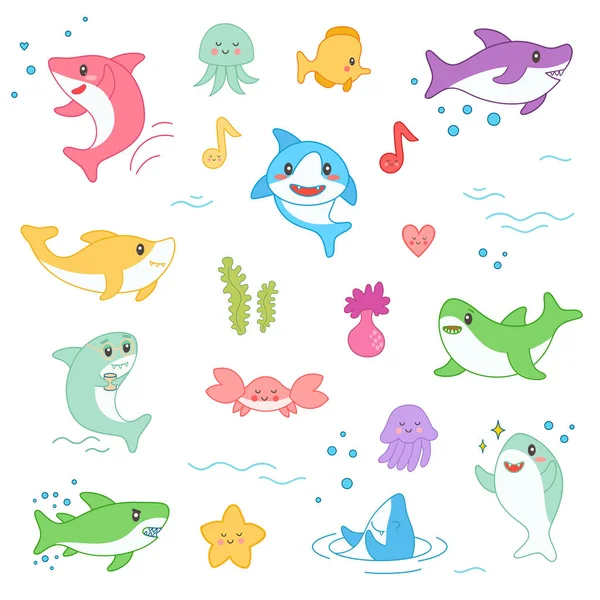 Kawaii Marine Creatures Collection (en inglés). Divertido lindo juego de personajes de dibujos animados de peces para el bebé del vivero Diseño, Decoración, Parches, Insignias. Ilustración vectorial — Archivo Imágenes Vectoriales