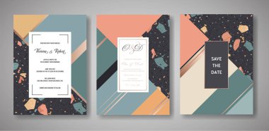 Davetiye düğün terrazzo ayarlayın. Selamlar, afiş, Poster mermer doku ile lüks geometrik soyut tasarım şablonu. Tarih, Rsvp. vektör çizim Kaydet