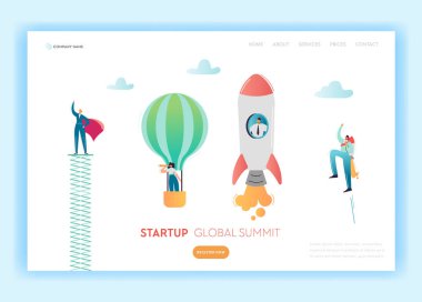 Business Start Up Innovation Concept Landing Page Template. Investment in Idea with Light Bulb Symbol and Super Businessman Website Banner. Vector illustration clipart