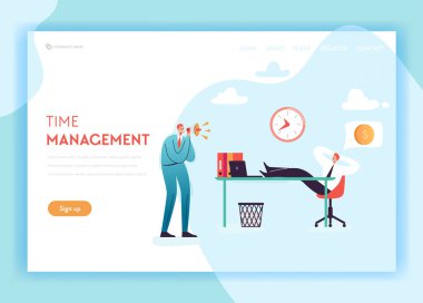 İş fazla mesai açılış sayfası şablonu. Geç kavramı tembel ofis çalışanı ve megafon Web sitesi Banner için çığlık patron çalışma. Vektör çizim