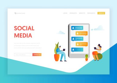 Sosyal medya iletişim kavramı sayfa şablonu açılış ağ. İnsanların karakterleri sohbet sosyal ağ web sitesi Banner için hareket eden araçları kullanma. Vektör çizim