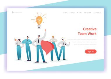 İş takım iş kavramı açılış sayfası şablonu. Liderlik karakter ampul ile Web sitesi Banner için beyin fırtınası takım çalışması. Vektör çizim