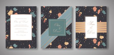 Davetiye düğün terrazzo ayarlayın. Selamlar, afiş, Poster mermer doku ile lüks geometrik soyut Vintage tasarım şablonu. Tarih, Rsvp. vektör çizim Kaydet