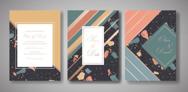 Davetiye düğün terrazzo ayarlayın. Selamlar, afiş, Poster mermer doku ile lüks geometrik soyut Vintage tasarım şablonu. Tarih, Rsvp. vektör çizim Kaydet