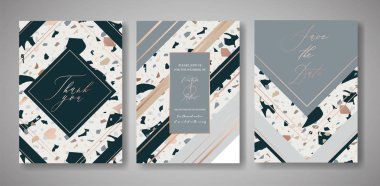 Davetiye düğün terrazzo ayarlayın. Selamlar, afiş, Poster mermer doku ile lüks geometrik tasarım şablonu. Tarih, Rsvp. vektör çizim Kaydet