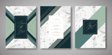 Davetiye düğün terrazzo ayarlayın. Selamlar, afiş, Poster mermer doku ile lüks geometrik tasarım şablonu. Tarih, Rsvp. vektör çizim Kaydet