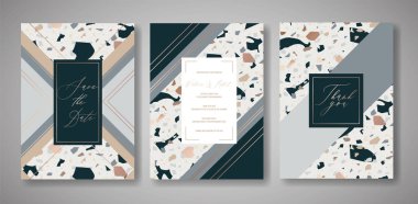 Davetiye düğün terrazzo ayarlayın. Selamlar, afiş, Poster mermer doku ile lüks geometrik soyut tasarım şablonu. Tarih, Rsvp. vektör çizim Kaydet