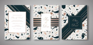 Davetiye düğün terrazzo ayarlayın. Selamlar, afiş, Poster mermer doku ile lüks geometrik soyut tasarım şablonu. Tarih, Rsvp. vektör çizim Kaydet