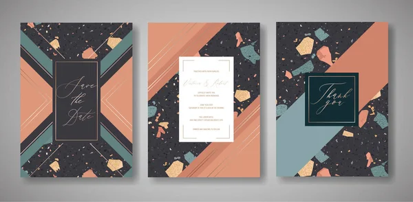 Terrazzo casamento Convite Card Set. Luxury Geometric Abstract Design Template for Greetings, Banner, Poster with Marble Texture (em inglês). Salva a data, RSVP. Ilustração vetorial —  Vetores de Stock