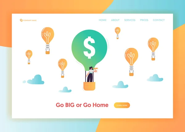 Business Start Up Inovação Conceito Landing Page Template. Investimento em Ideia com Símbolo de Lâmpada e Empresária em Banner do Site Air Balloon. Ilustração vetorial —  Vetores de Stock