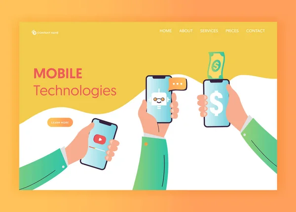 Plantilla de landing page de Mobile App Technologies. Mano con Smartphone Mobile Services Concept. Banca por Internet, E-mail para Banner Web. Ilustración vectorial — Vector de stock