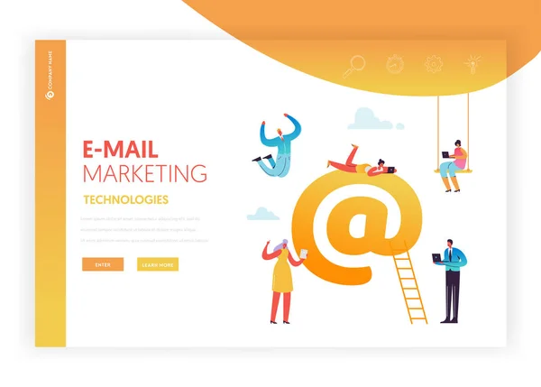 E-mail Marketing Concept Landing Page Template. Servicios de correo Banner de aplicaciones móviles con personajes Publicidad, Promoción de campaña para el sitio web. Ilustración vectorial — Vector de stock