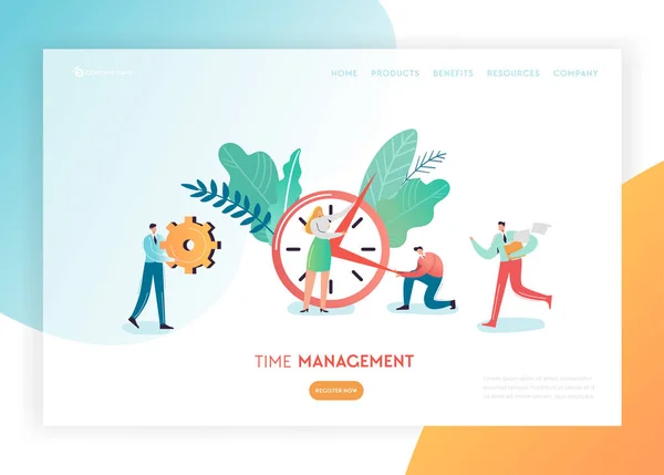 Time Management Business strategie oplossingen Landing pagina sjabloon Banner. Planning tekens Website Concept samen te werken. Vectorillustratie — Stockvector
