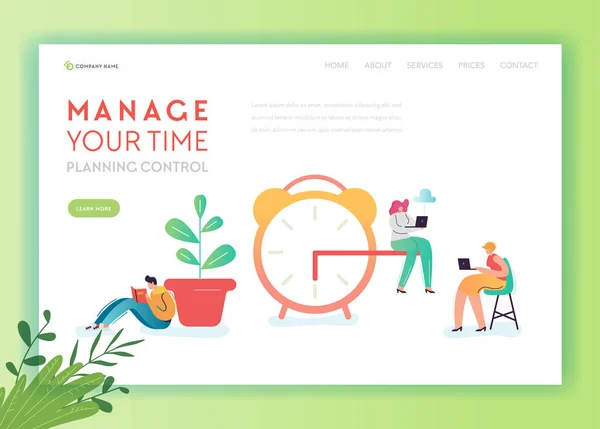 Time Management Business strategie oplossingen Landing pagina sjabloon Banner. Planning tekens Website Concept samen te werken. Vectorillustratie — Stockvector