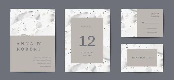 Set Biglietti di Invito Matrimonio Terrazzo. Modello di design astratto geometrico di lusso per auguri, banner, poster con texture in marmo. Salva la data, RSVP. Illustrazione vettoriale — Vettoriale Stock