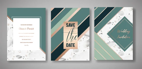 Ensemble de cartes d'invitation de mariage Terrazzo. Modèle de design abstrait géométrique de luxe pour salutations, bannière, affiche avec texture en marbre. Sauve la date, RSVP. Illustration vectorielle — Image vectorielle