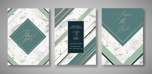 Terrazzo casamento Convite Card Set. Modelo de Design Geométrico de Luxo para Saudações, Banner, Cartaz com Textura em Mármore. Salva a data, RSVP. Ilustração vetorial — Vetor de Stock