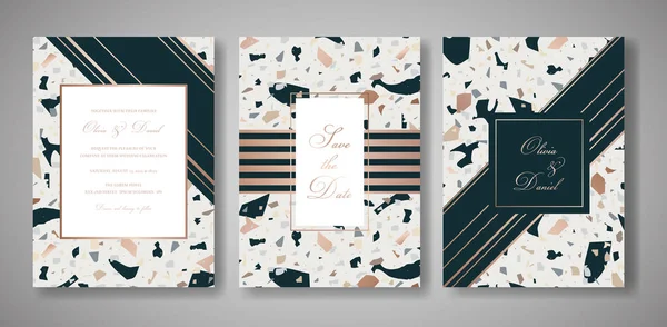 Davetiye düğün terrazzo ayarlayın. Selamlar, afiş, Poster mermer doku ile lüks geometrik soyut tasarım şablonu. Tarih, Rsvp. vektör çizim Kaydet