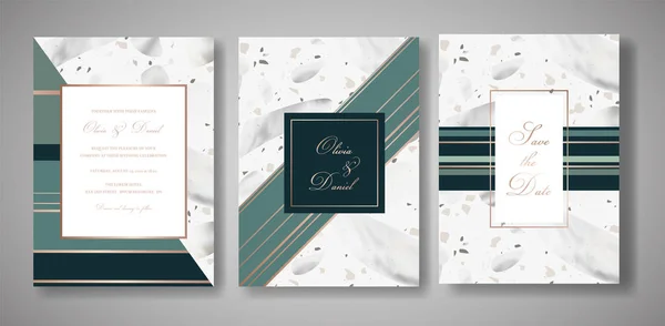 Terrazzo casamento Convite Card Set. Luxury Geometric Abstract Design Template for Greetings, Banner, Poster with Marble Texture (em inglês). Salva a data, RSVP. Ilustração vetorial —  Vetores de Stock