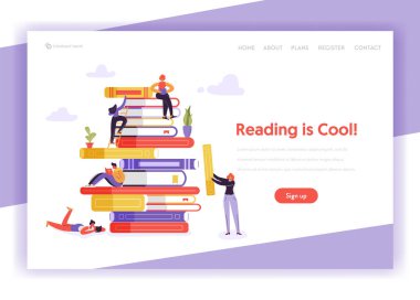 Sayfa şablonu açılış online eğitim kavramı. Öğrenci karakter okuma kitabı. Eğitim Eğitim kursları için Web sitesi mesafe, sayfa başlığı Web. Vektör çizim