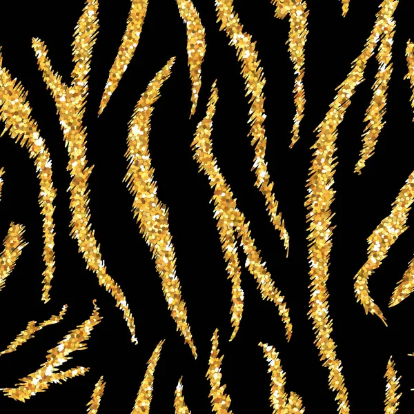 Tiger Textura sem costura Animal Pattern. Listrado Golden Glitter Luxo Tecido Fundo Tigre Pele. Impressão abstrata do projeto do ouro da forma para papel de parede, decoração. Ilustração vetorial — Vetor de Stock