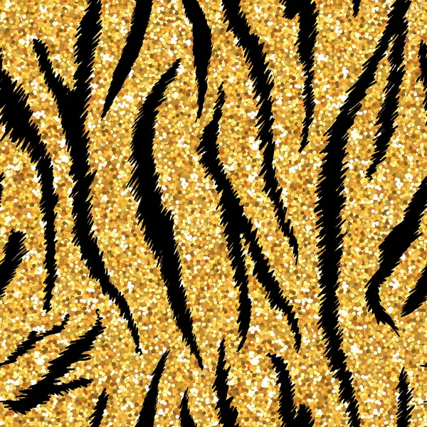 Tiger textur sömlös djur mönster. Randig gyllene Glitter lyx tyg bakgrund Tiger huden päls. Fashion guld abstrakt Design Skriv för tapet, Decor. Vektorillustration — Stock vektor