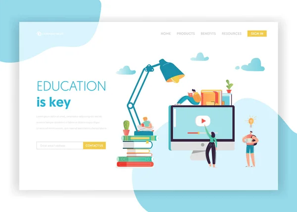 Educação Online Concept Landing Page Template. Livro de leitura de caracteres de estudante. Cursos de Formação em Educação a Distância Video Tutorial para Website, Web Page Banner. Ilustração vetorial — Vetor de Stock