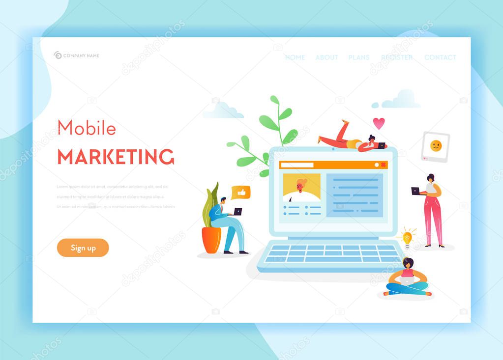 Social Networking Media Mobile Marketing Concept Landing Page Template. People Characters Communication Online Chat Social Network for Website, Web Page Banner. Vector illustration