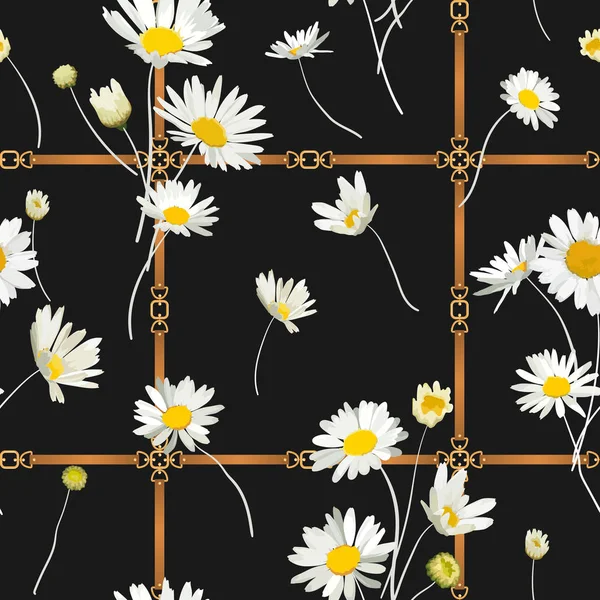 Mode sömlösa mönster med gyllene kedjor, remmar och Daisy blommor. Tyg textil blomprint med kamomill och smycken element. Vektorillustration — Stock vektor