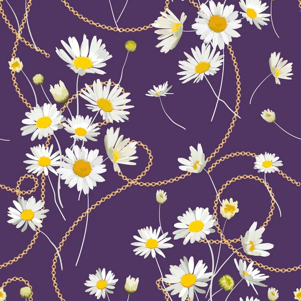 Patrón sin costura de moda con cadenas de oro y flores de margarita. Tejido Textil Estampado Floral con Elementos de Manzanilla y Joyería. Ilustración vectorial — Archivo Imágenes Vectoriales