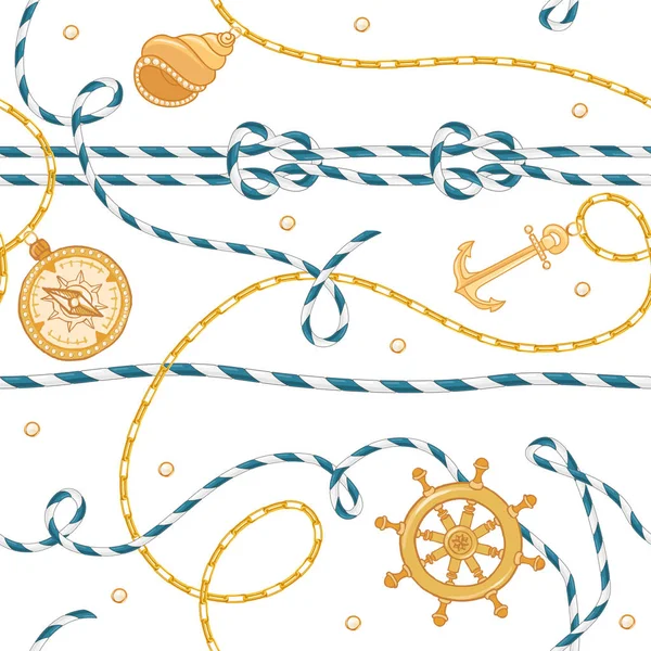 Motif sans couture de mode avec chaînes dorées et ancre pour la conception de tissu. Arrière-plan marin avec corde, nœuds, drapeaux et éléments nautiques. Illustration vectorielle — Image vectorielle