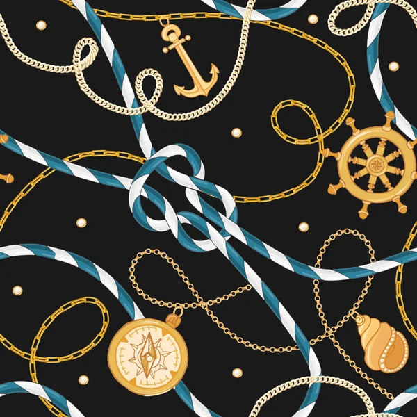 Fashion Seamless Pattern with Golden Chains and Anchor for Fabric Design. Marine Background with Rope, Knots, Flags and Nautical Elements. Vector illustration — Stock Vector