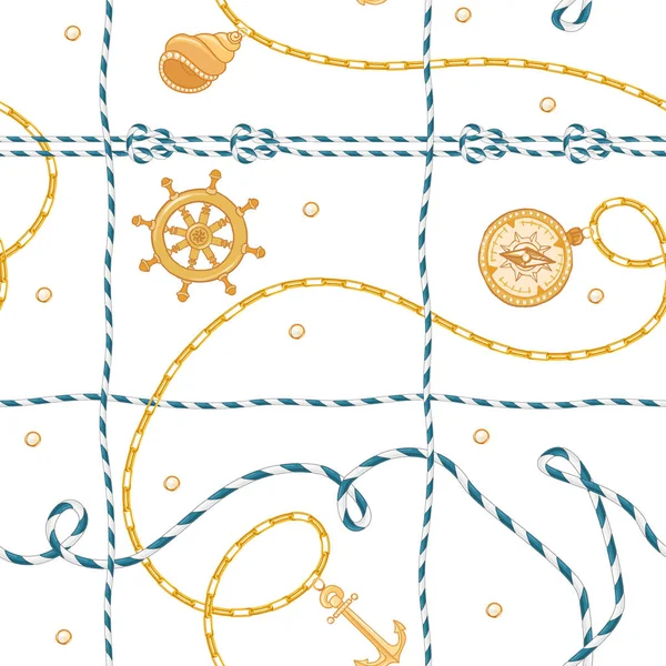 ゴールデン チェーンとファブリックの設計のためのアンカー ファッション シームレス パターン。海洋の背景にロープ、ノット、フラグ、海事の要素。ベクトル図 — ストックベクタ