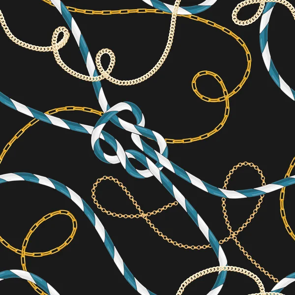 Морской стиль Seamless Patrol с морскими веревками и традиционными золотыми цепями. Модный дизайн ткани с морскими элементами для обоев, обертывание. Векторная иллюстрация — стоковый вектор