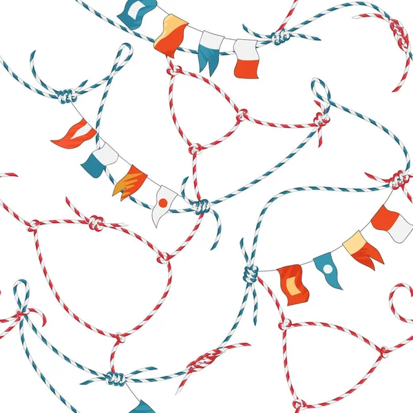 フラグとロープの結び目の海洋のシームレスなパターン。ループ海軍航海布背景用壁紙、装飾、ラッピング飾り。ベクトル図 — ストックベクタ
