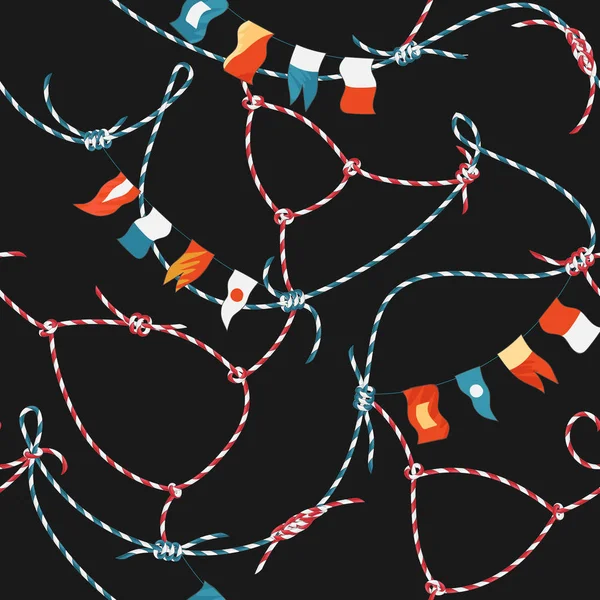 フラグとロープの結び目の海洋のシームレスなパターン ループ海軍航海布背景用壁紙 ラッピング飾り ベクトル図 — ストックベクタ