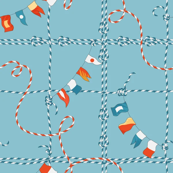 Marine Seamless Pattern with Rope Knot and Flags. Nautical Fabric Background with Loop Navy Ornament for Wallpaper, Decoration, Wrapping. Vector illustration — Stock Vector