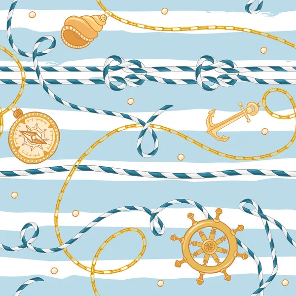 Mode nahtlose Muster mit goldenen Ketten und Anker für Stoffdesign. Marine Hintergrund mit Seil, Knoten und nautischen Elementen. Vektorillustration — Stockvektor