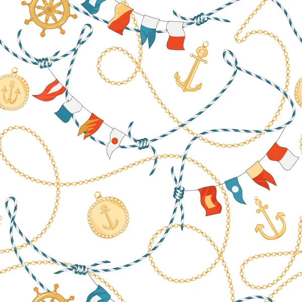 Motif sans couture de mode avec chaînes dorées et ancre pour la conception de tissu. Arrière-plan marin avec corde, nœuds, drapeaux et éléments nautiques. Illustration vectorielle — Image vectorielle