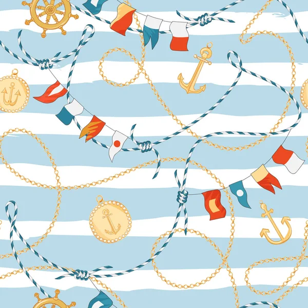 Fashion Seamless Pattern with Golden Chains and Anchor for Fabric Design. Marine Background with Rope, Knots, Flags and Nautical Elements. Vector illustration — Stock Vector