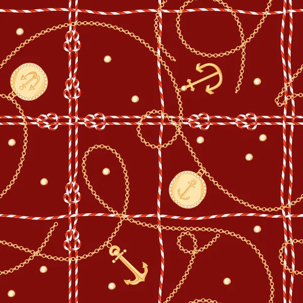 Mode naadloze patroon met gouden kettingen en anker voor weefsel ontwerp. Mariene achtergrond met touw, knopen, vlaggen en nautische elementen. Vectorillustratie — Stockvector