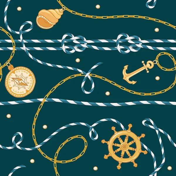 时尚无缝图案与金链和锚面料设计。海洋背景与绳索, 结, 旗帜和航海元素。向量例证 — 图库矢量图片