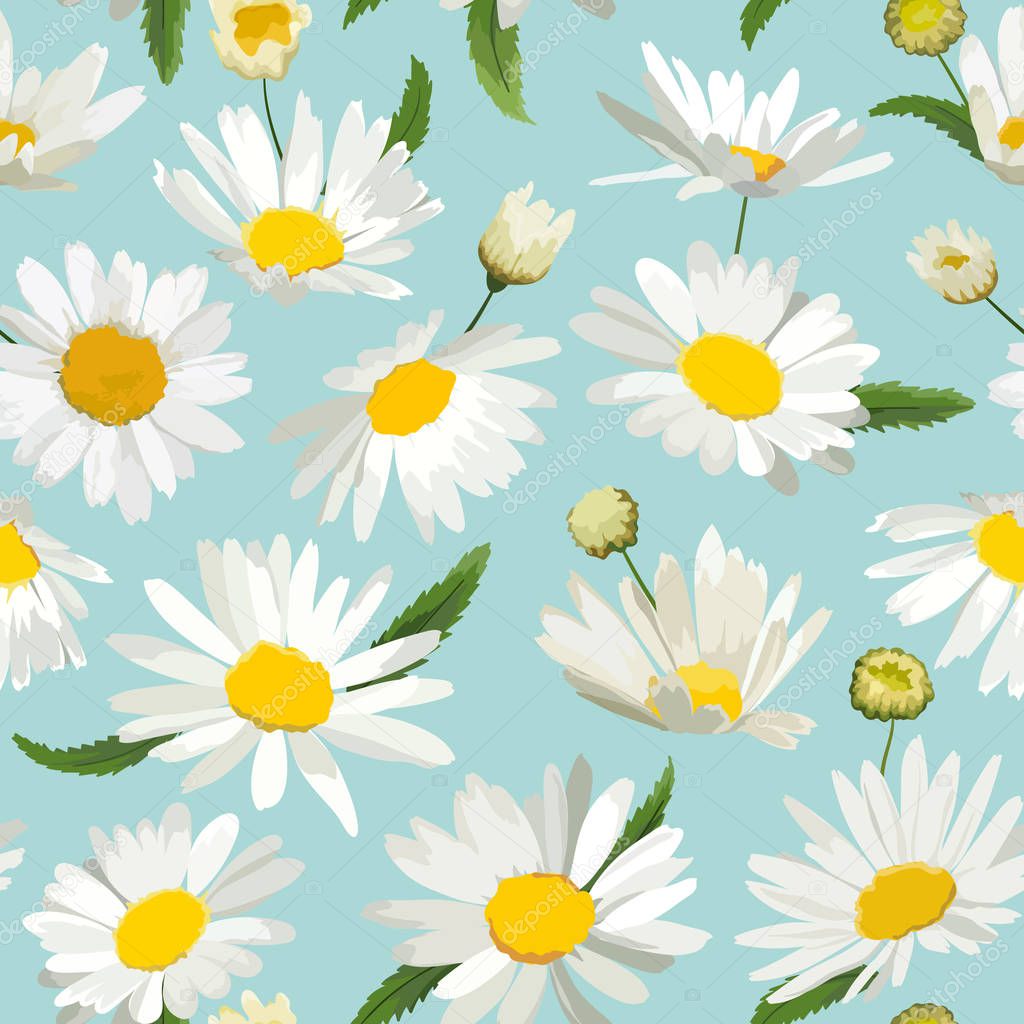 Floral Seamless Pattern with Chamomile Flowers. Natural Background with Daisy Flowers for Spring Summer Design Wallpaper, Decoration, Print. Vector illustration