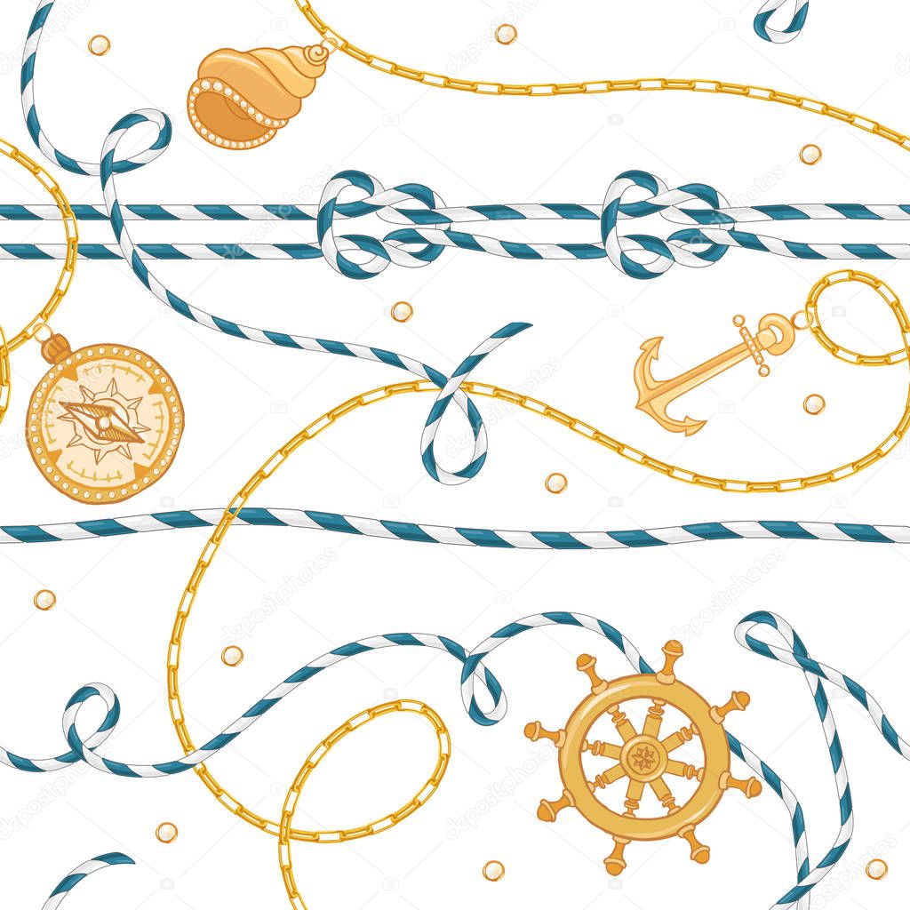 Fashion Seamless Pattern with Golden Chains and Anchor for Fabric Design. Marine Background with Rope, Knots, Flags and Nautical Elements. Vector illustration