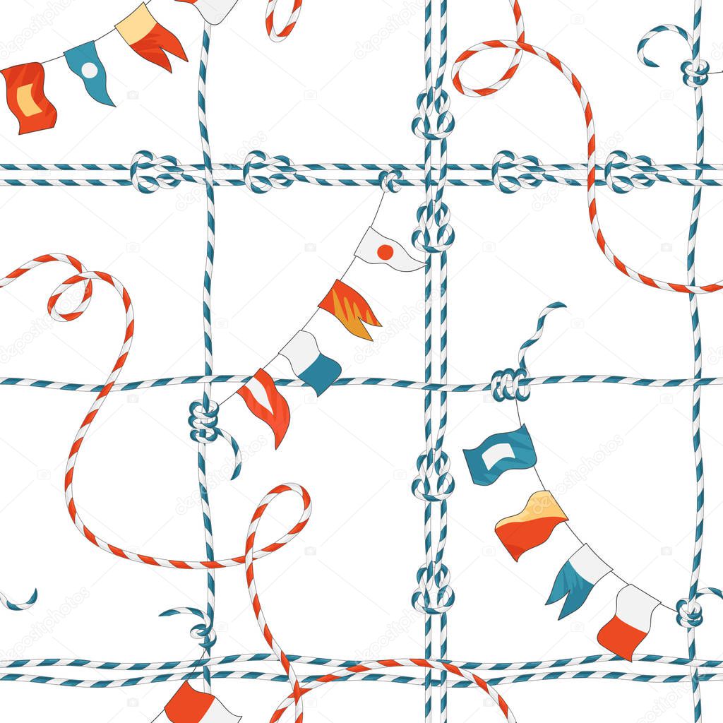 Marine Seamless Pattern with Rope Knot and Flags. Nautical Fabric Background with Loop Navy Ornament for Wallpaper, Decoration, Wrapping. Vector illustration
