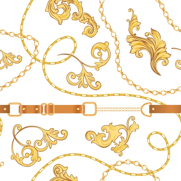 Mody bezszwowe wzór tkaniny z złote łańcuchy, pasy i paski. Luksusowy barokowe tło projektowanie mody z elementów biżuterii dla tekstylnych, Tapeta, szalik. Ilustracja wektorowa — Wektor stockowy